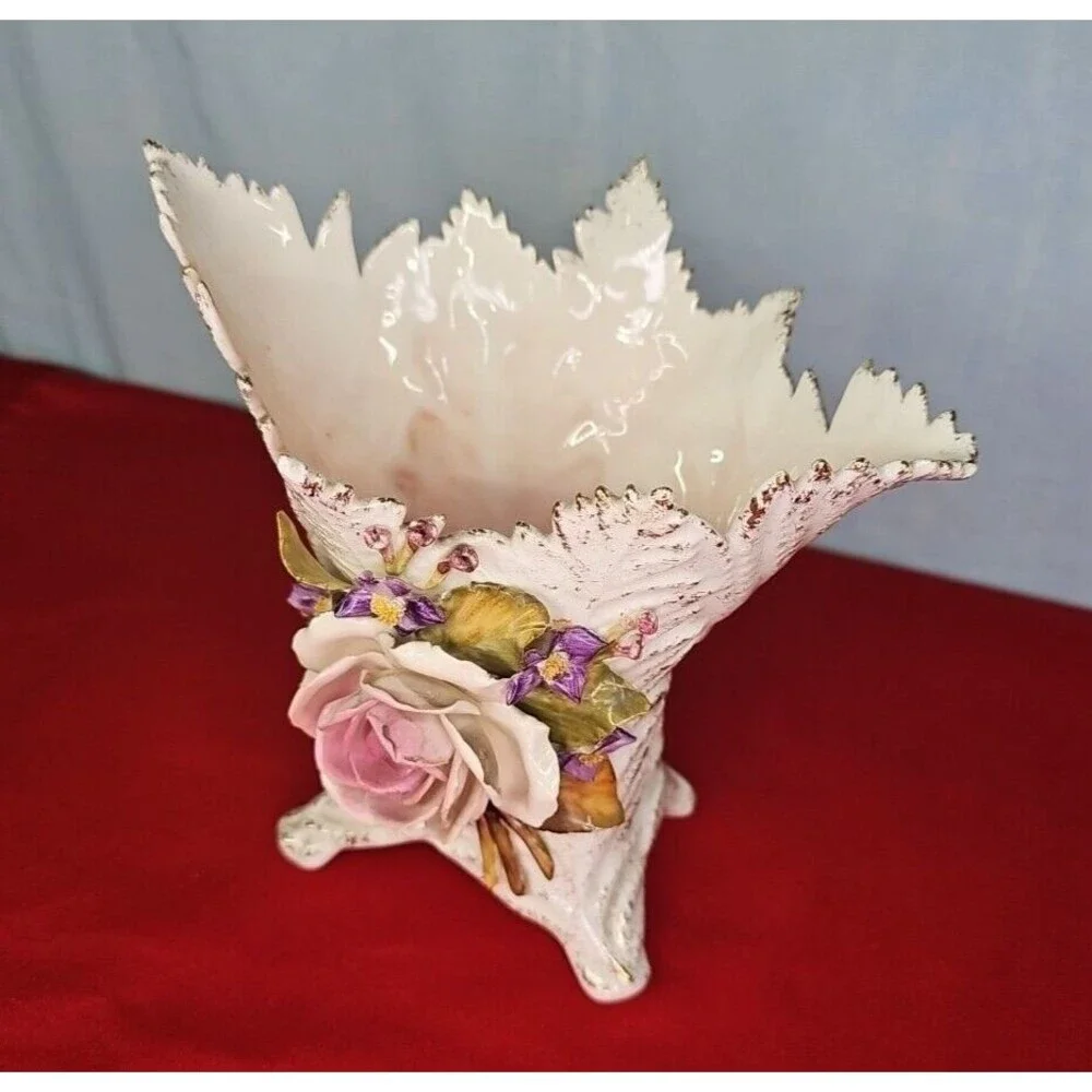 Rose Vase Vee Jackson Pottery Capodimonte Style Leaf Shape 3D Flower VTG Planter